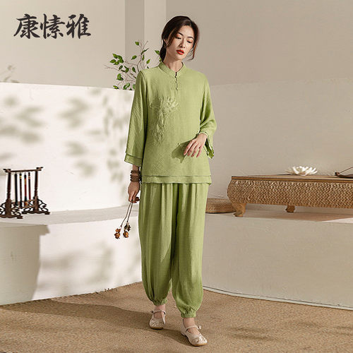 批发套装秋冬新款女长袖中国风印花禅修服宽松武术表演服装太极服