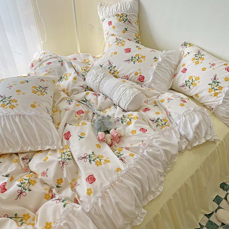 法式褶皱花边被套郁金香ins小清新少女心1.5m1.8床单床裙三四件套
