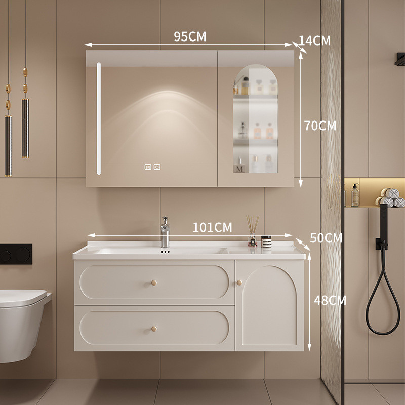 法式奶油风实木浴室柜组合烤漆门板陶瓷盆智能镜金洗漱台百盛682