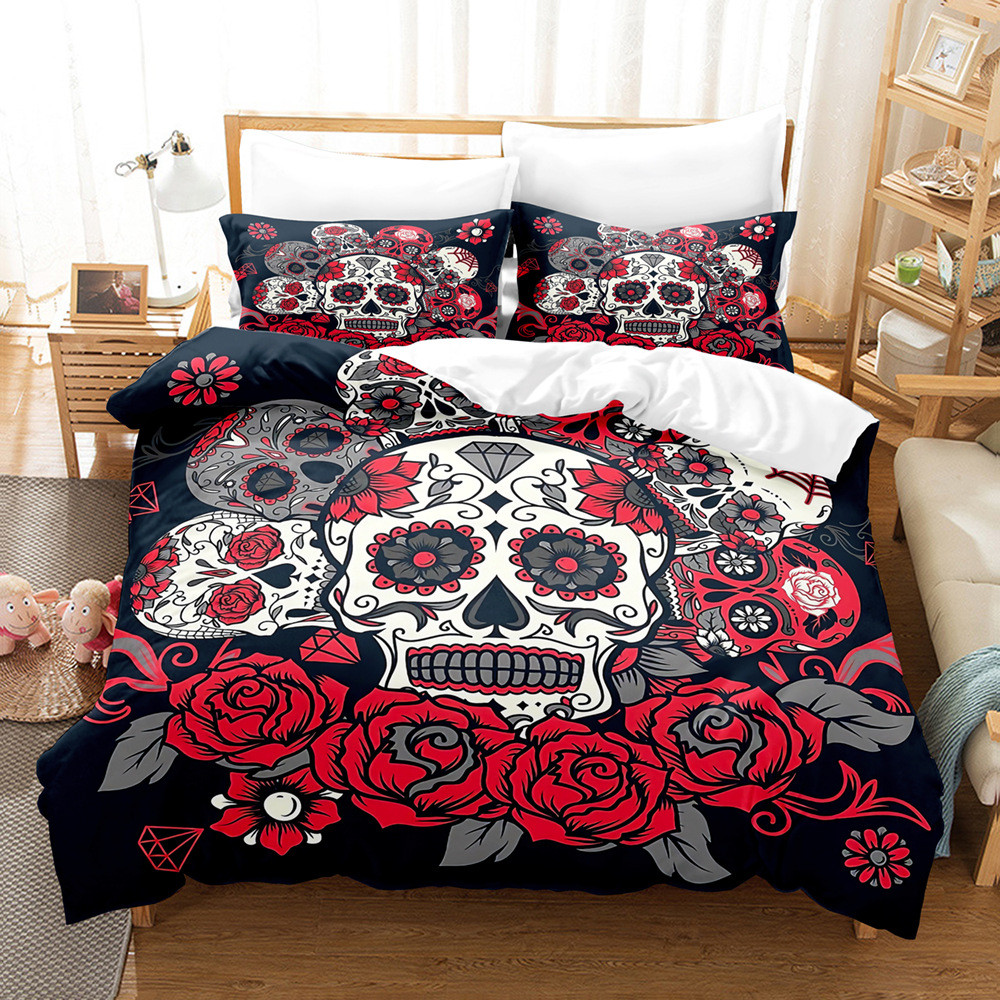 哥特风骷髅女人玫瑰外贸数码印花床上用品三件套三件套