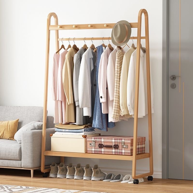 热销家用带挂衣衣帽架落地可移动置物轮架子客厅卧室落地式简易晾