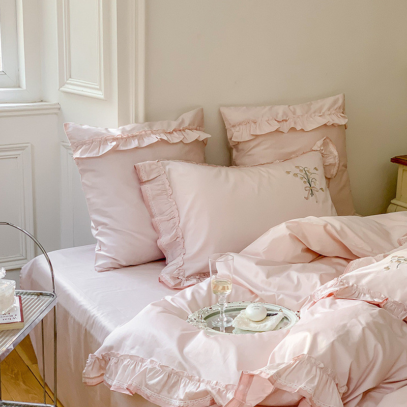 高端100支舒适棉贡缎长绒棉四件套荷叶边刺绣全棉澳亲肤套件
