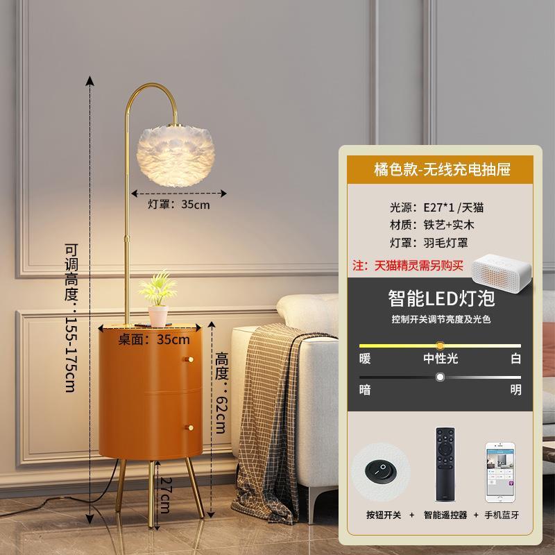 双层抽屉羽毛落地灯卧室床头柜一体立式客厅沙发边设计感轻奢台灯