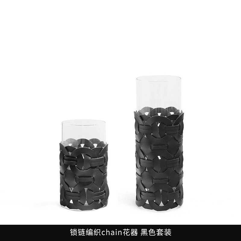 家居北欧高级感手工编织直筒花瓶皮革花器现代简约花插桌面摆件