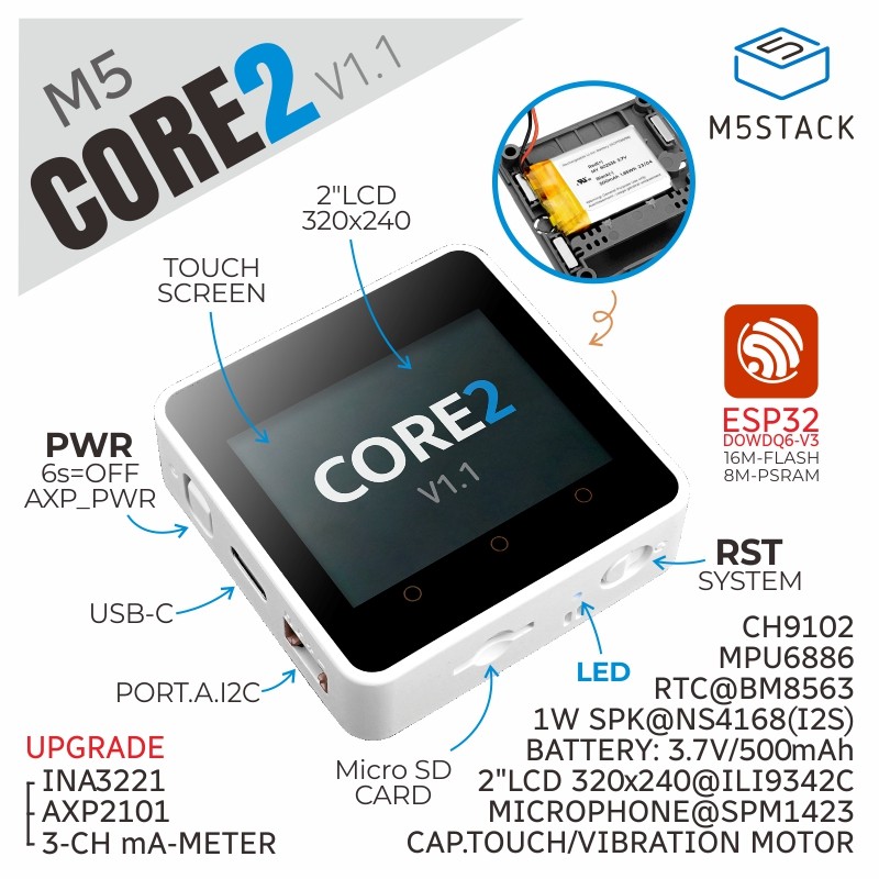 官方M5Stack Core2 v1.1 ESP32触摸屏IoT开发套件 图形化编程主控