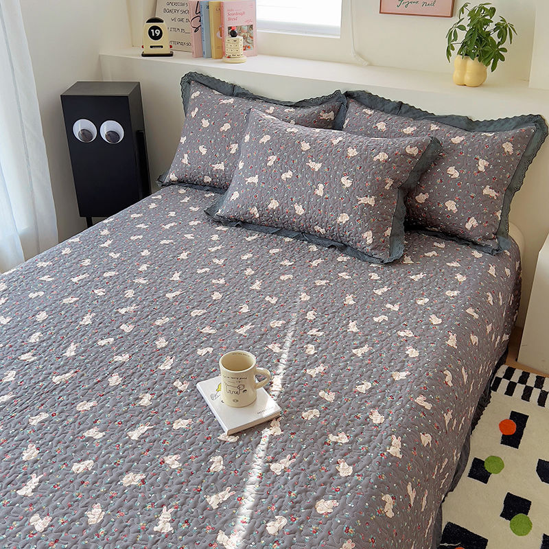 韩式全棉绗缝花边床盖双人法式花边碎花夹棉加厚三件套炕盖可水洗