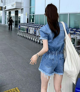 韩国东大门代购MIXXIN翻领短袖连衣裤女夏季百搭修身牛仔连体短裤