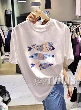 现货韩国2025春夏新款半袖亮片刺绣小鱼宽松竹节棉短袖t恤女白色