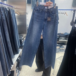 韩国代购VANILLA J水洗直筒长裤女25秋松紧腰宽松显瘦磨白牛仔裤