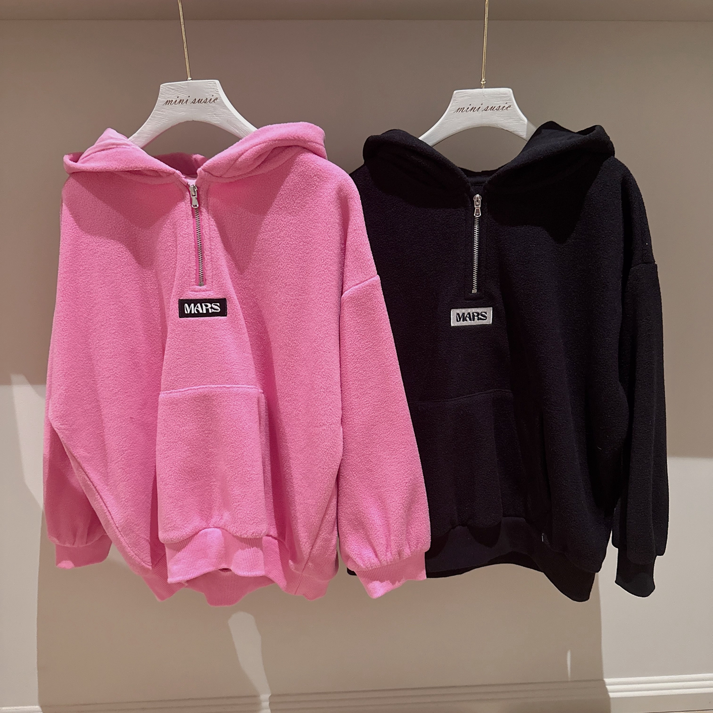 120-165韩系男女童两色摇粒绒半拉链连帽卫衣