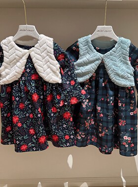 1-8欧美单女童两色印花长袖裙+仿羊羔毛马甲两件套