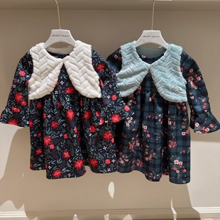 1-8欧美单女童两色印花长袖裙+仿羊羔毛马甲两件套