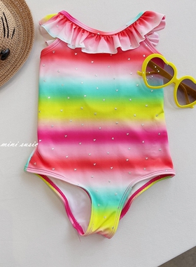 minisusic4-10夏款女童荷叶边彩色条纹满印爱心露背连体泳