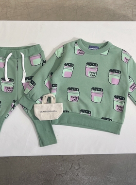 90-145韩系潮童绿色满印糖罐拉绒内里套头卫衣+长裤 分开拍