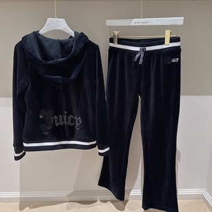 7-12女童黑色天鹅绒刺绣烫珠字母连帽外套+微喇叭长裤