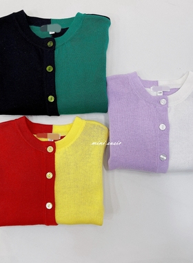 110-150日系女童潮童拼色纯棉线薄针织开衫外套