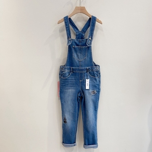 6-9女童亮片补丁儿童蓝色牛仔背带长裤