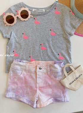 2-10澳洲CR女童纯棉灰色亮片火烈鸟短袖T