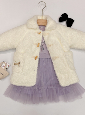 90-120韩国高端童装女童白色仿羊羔毛木扣夹棉外套