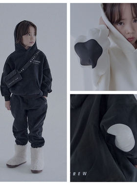 自留100-145韩系潮童RJ两色字母连帽内里抓绒套头卫衣+裤子