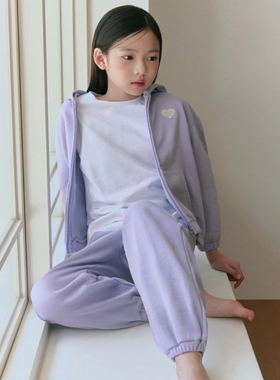 110-155韩系高端女童紫色刺绣字母爱心连帽外套+紫色白字母长裤