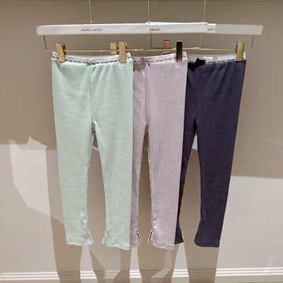 110-130日系女童三色弹力坑条松紧腰蝴蝶结打底裤