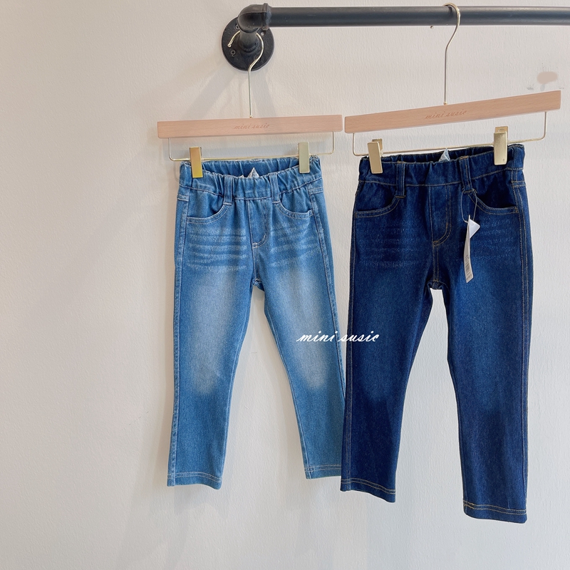 日系女童两色磨白微弹修身薄牛仔长裤