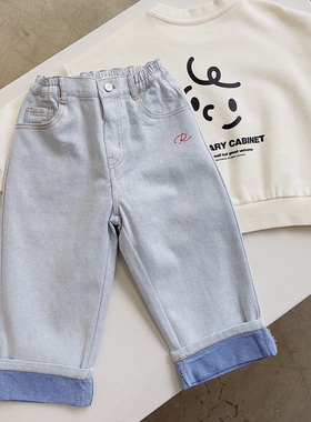 包邮100-145韩系潮童RJ男女童浅色宽松直筒牛仔裤