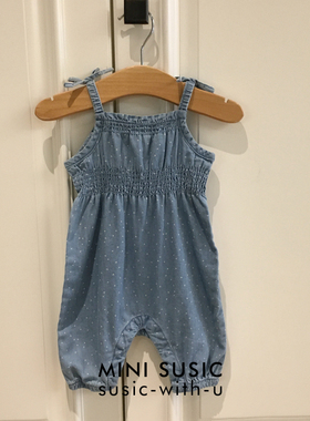 0-18个月minisusic女宝宝新生儿纯棉牛仔色打揽吊带连体裤 爬爬衣