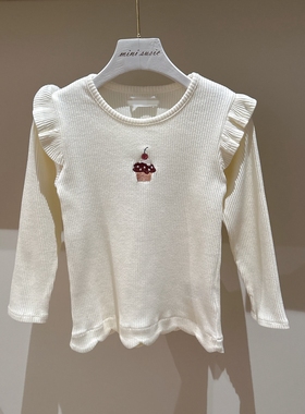 110-140日系女童刺绣蛋糕波浪边坑条弹力长袖上衣打底衫