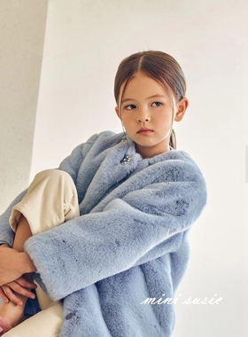 110-145韩系高端童装女童毛绒绒仿皮草水晶扣外套