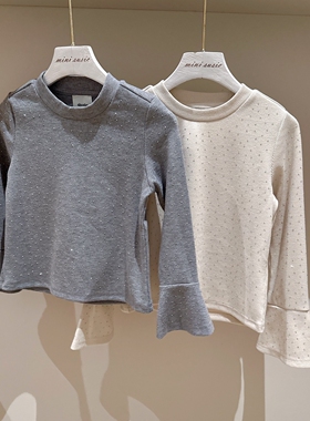 98-170欧美女童两色烫钻喇叭长袖打底衫T恤