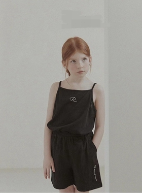 100-145韩系潮童RJ女童纯棉黑色字母吊带上衣