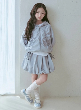 自留110-155韩系高端女童蝴蝶结褶皱连帽夹薄棉外套