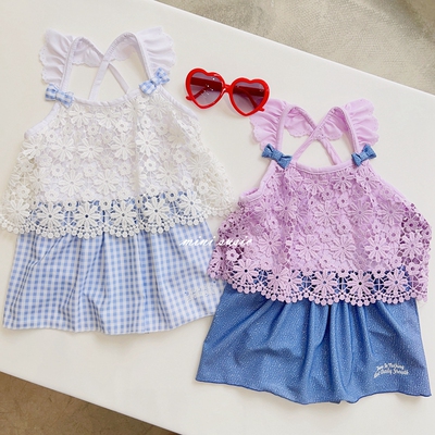 女童镂空花边裙摆吊带连体泳衣