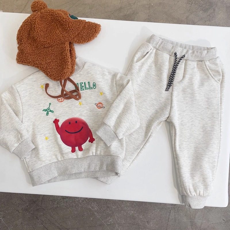 包邮100-150韩系男女童灰色刺绣卡通半高领加绒长袖卫衣+加绒裤子