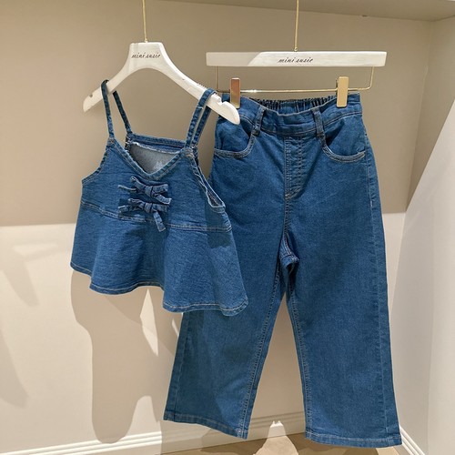 120-160日系女童蝴蝶结吊带上衣+半松紧腰牛仔直筒长裤套装