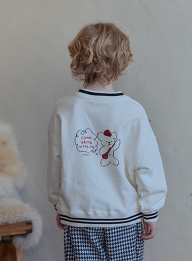 100-145韩系潮童RJ男女童V领卡通小字母毛圈棉套头卫衣