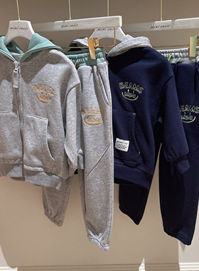 90-130日系男女童拼色连帽刺绣字母笑脸外套+拼色字母笑脸长裤