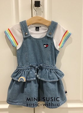 2-6岁mini susic女童白色彩虹短袖T恤+彩虹牛仔背带裙两件套套装