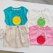 自留100 155韩系男女童速干面料三色卡通笑脸圆领无袖 T恤