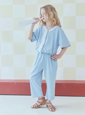 100-145韩系潮童RJ女童浅蓝色白木耳门襟领短袖小衫+松紧腰休闲裤