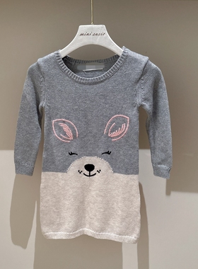 断码特价包邮2-6女童春秋款灰色卡通长款针织毛衣裙