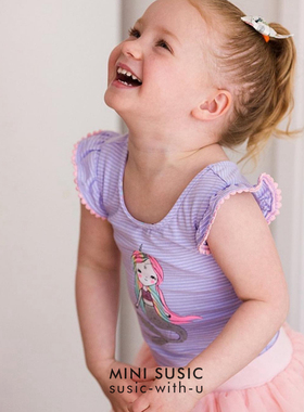 1-8岁女童紫色条纹小飞袖芭蕾款连体T恤