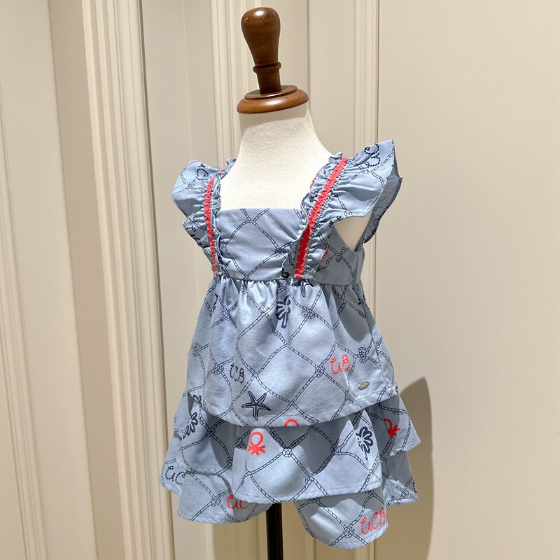 100-145韩系女童贝家海洋风印花菱形格卡通无袖上衣+裙裤套装