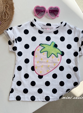 98-122女童刺绣亮片草莓纯棉圆点短袖T恤