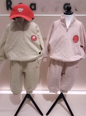 自留100-145韩系潮童RJ两色卡通贴布半拉链夹薄棉卫衣长裤