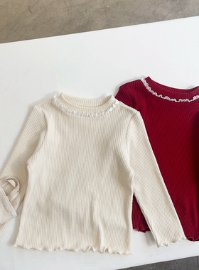 100-145韩系高端女童蕾丝边坑条磨毛弹力细针织打底衫长袖T恤