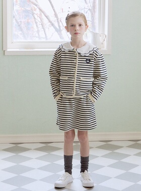 100-145韩系潮童RJ条纹细针织开衫+条纹字母腰防走光半身裙 分开