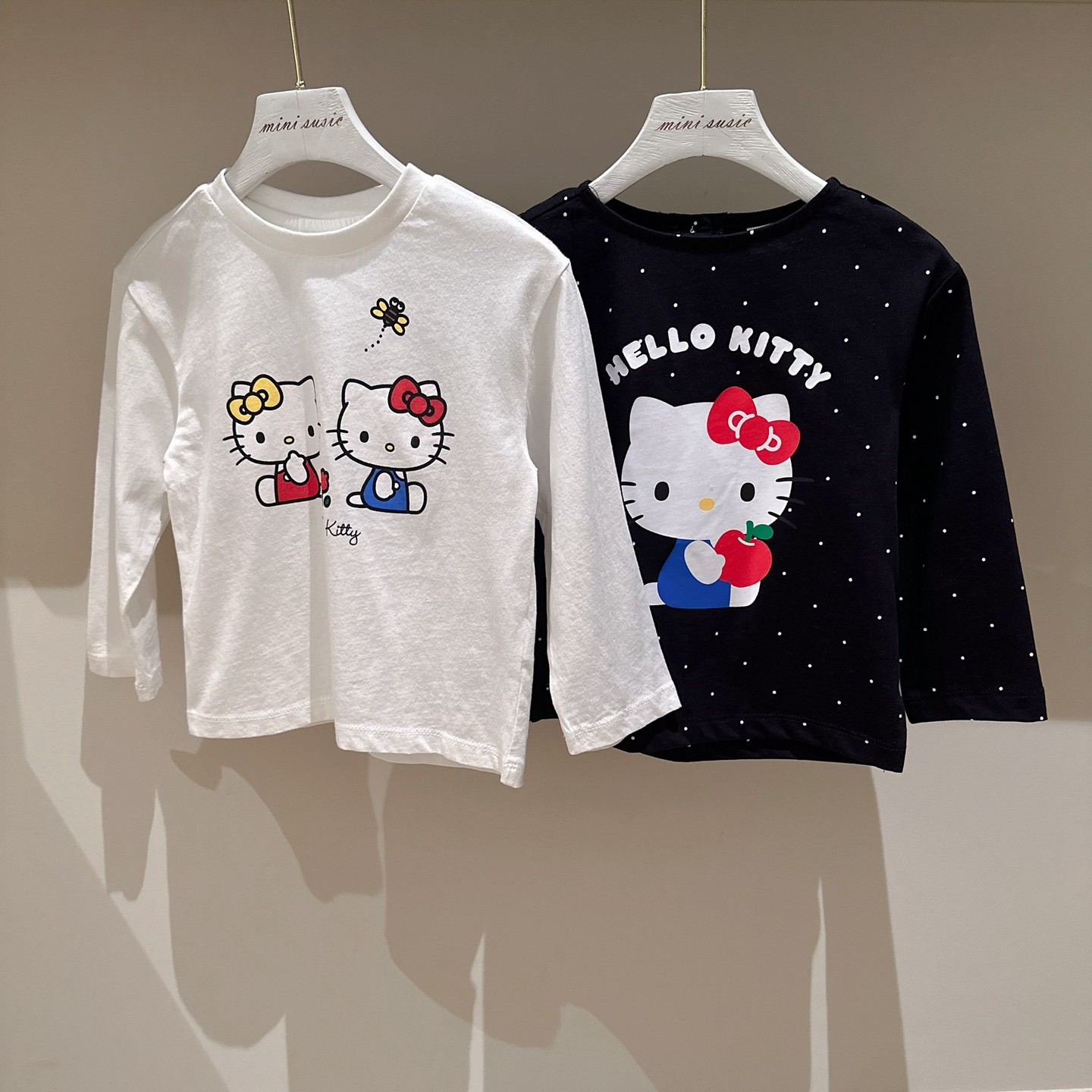 100-140韩系女童两色胶印卡通猫咪套头长袖T恤